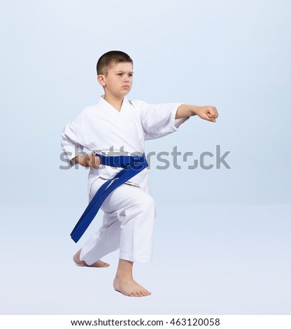 Little karate athlete is beating punch arm isolated Royalty-Free Stock Photo #463120058