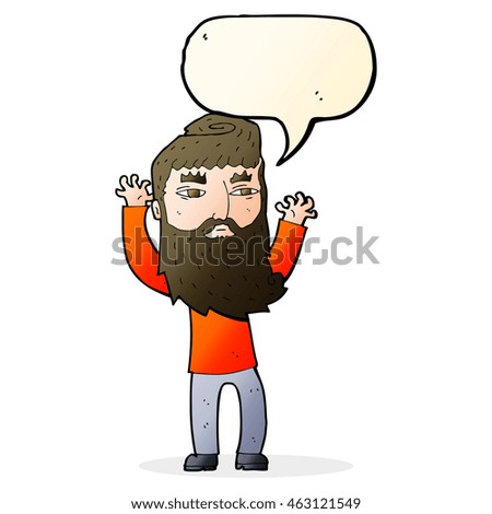 cartoon bearded man waving arms with speech bubble
