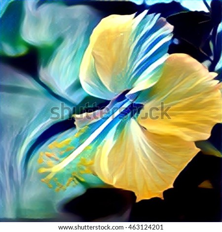 Hibiscus flower in the tropical garden. Digital illustration of orange exotic flower with leaves on background. Asian flora in blue and yellow. Natural backdrop, card template, wedding or web design. 