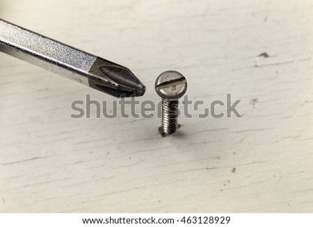screwdriver and screw on old white wood, wrong tool for the job idea, put the right man on the right job concept 