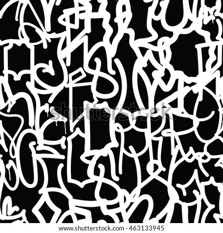 Graffiti background seamless pattern. Vector Tags, writing. Hand style, old school. Street art texture. Monochrome black and white colors 