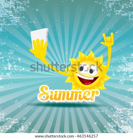 Summer selfie vector concept background. smiling Sun taking a selfie on phone. Summer fun vector banner with sun. Hello summer label