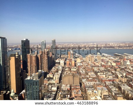 Aerial photo of midtown Manhattan west towards the Hudson River and view over New Jersey on a clear summer day in New York City