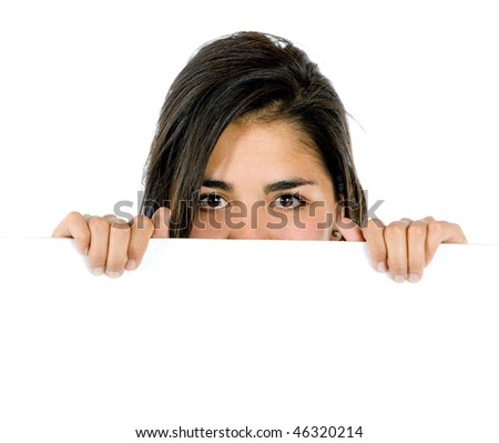 Woman covering her face with a banner isolated on white