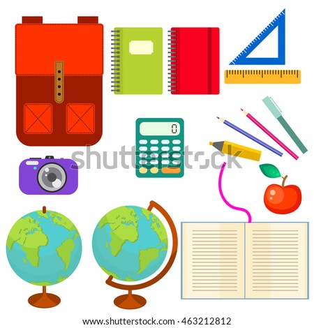 School supplies vector clip art objects. Blackboard banner template with education objects - knapsack, globe, rulers and stationery items.