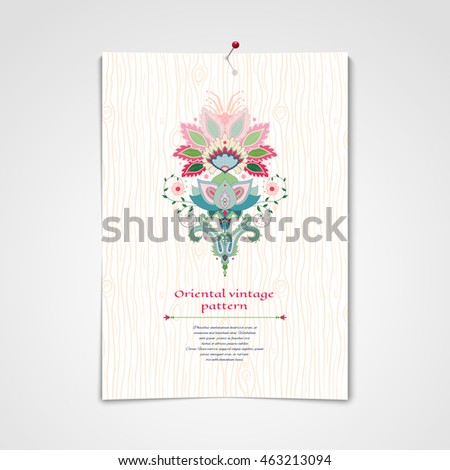 3D vector poster. Sheet of paper attached to the wall. Indian oriental flower and hand drawing wooden texture. Place for your text.