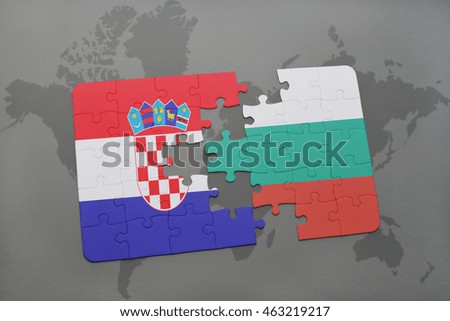 puzzle with the national flag of croatia and bulgaria on a world map background. 3D illustration