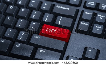 Close up on customized computer enter button on keyboard with a word lock.