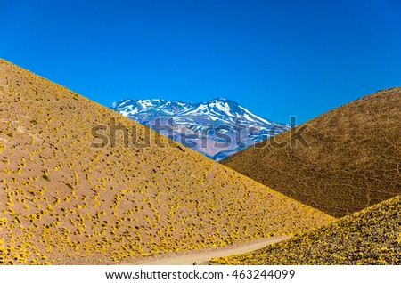 Interesting geometric view on the colorful Andes mountains and volcano in the province of Catamarca, Argentina