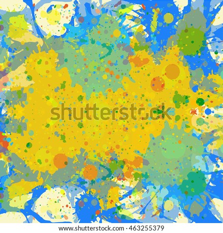Bright yellow and blue watercolor paint artistic splashes background, square format.