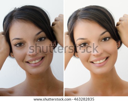 Portrait of a beautiful brunette girl before and after retouching with photoshop. Bad photo vs good photo, acne beauty treatment. Isolated on white background. Edited photos being compared.