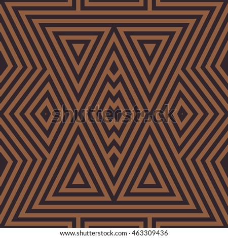 Seamless pattern with symmetric geometric ornament. Striped abstract background. Ethnic and tribal motifs. Repeated triangles and rhombuses wallpaper. Vector illustration