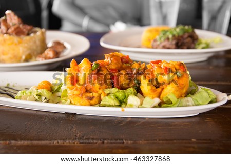 Tostones Rellenos, Crushed Fried Plantain Cups Filled with Meat Royalty-Free Stock Photo #463327868