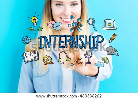 Internship concept with young woman on blue background