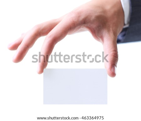 Man's hand keeping a business card among two  fingers.