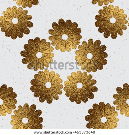 Hand painting glittering floral background. Gold abstract flowers pattern. Nature glow texture. Seamless wallpaper, wrapping, textile design.