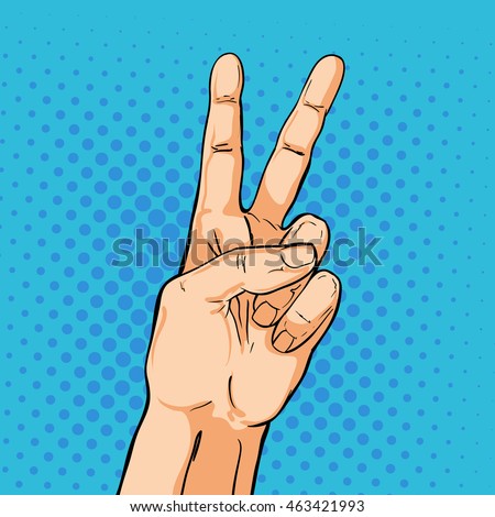 V sign hand. Fingers showing two. Vector illustration in pop art comic style