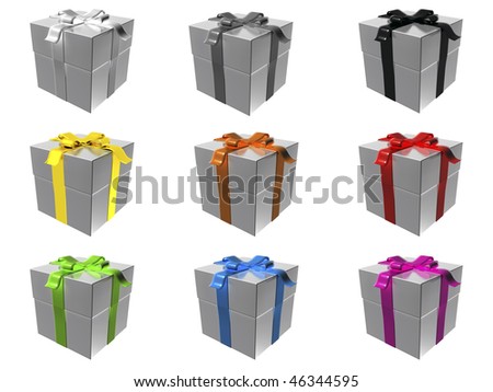 9 silver gift boxes with different ribbon colors
