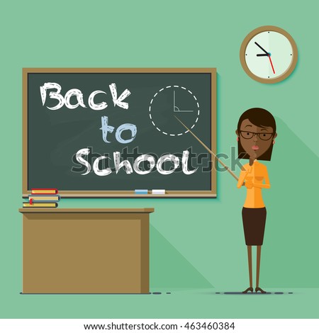 A teacher at the blackboard, books and desks. Back to school. Vector illustration in flat style isolated from the background