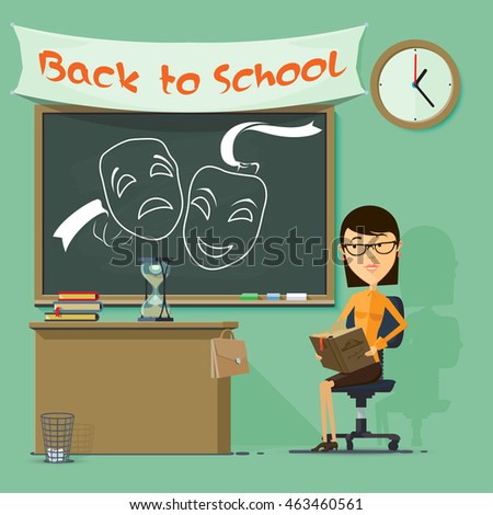 The teacher sits at the blackboard, books and a desk, chair, trash, briefcase, pisochnye watch sign. Drawn masks. Back to school. Vector illustration in flat style isolated from the background