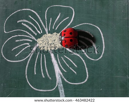 Beautiful ladybug artificial red insect with black dots on drawing flower with white chalk on green school chalkboard background