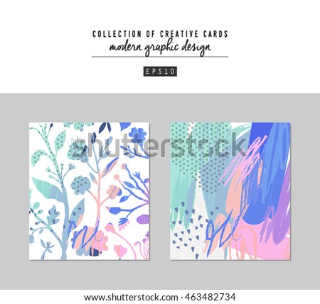 Set of artistic creative universal cards. Hand Drawn textures. Wedding, anniversary, birthday, Valentine's day, party. Design for poster, card, invitation, placard, brochure, flyer.  Vector. Isolated.