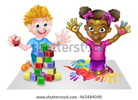 Cartoon boy and girl playing and having lots of fun