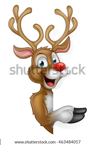 Cartoon Christmas Santas reindeer peeking round and pointing at a sign