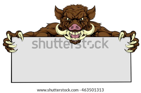 A mean looking boar razorback mascot holding a sign