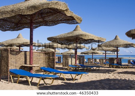 Beach on a sunny day. Hurghada city in Egypt.
