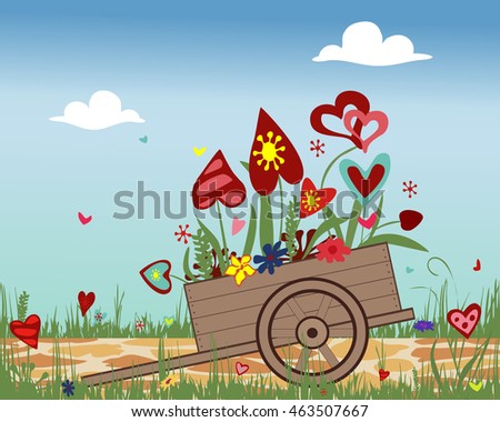 Handcart with blossoming hearts on sky background