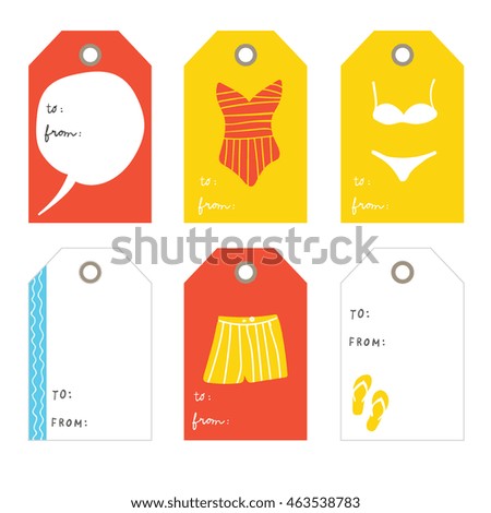 Swimwear. Set of 6  creative tags  templates with marine theme design.  Red, blue and yellow  Cute tags for text and design Collection tags, cute tags, Set tags, printable tags, hand drawn tags