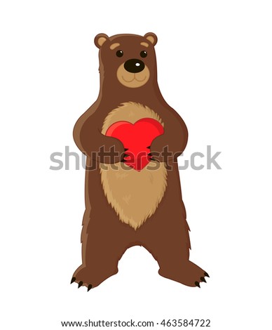 Cute big brown bear standing on its hind legs and keeps the heart, love card template, zoo mascot. Freehand drawing illustration