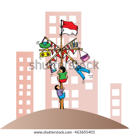 Panjat Pinang, Pole Climbing. Indonesian Independence Day Tradition,