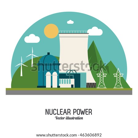 Nuclear plant power windmill sun cloud landscape mountain industry building chimney icon. Arch and Colorfull illustration. Vector graphic