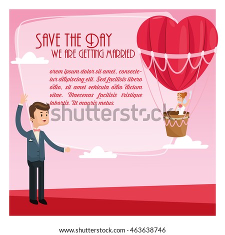 hot air balloon heart couple cartoon girl boy man woman save the date wedding icon. Colorfull and flat illustration. Vector graphic
