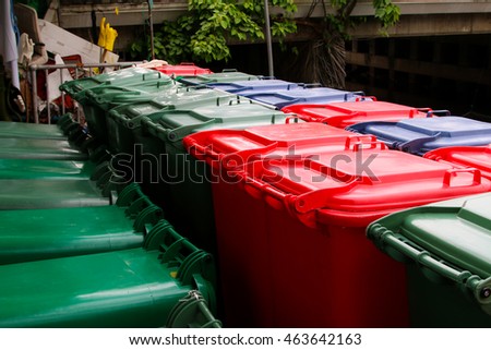 Green,Blue , red bins , recycling bins , trash cans and public hospitals .
