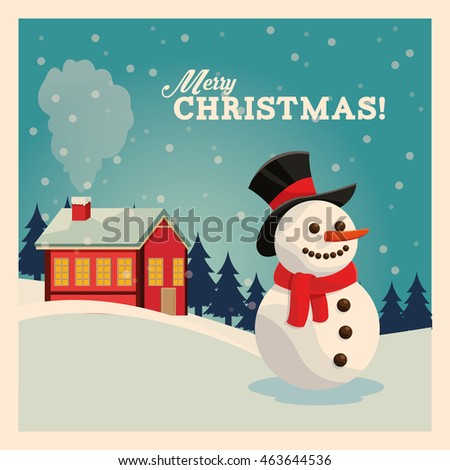 Merry Christmas concept represented by snowman cartoon icon over landscape. Colorfull and vintage illustration inside frame.
