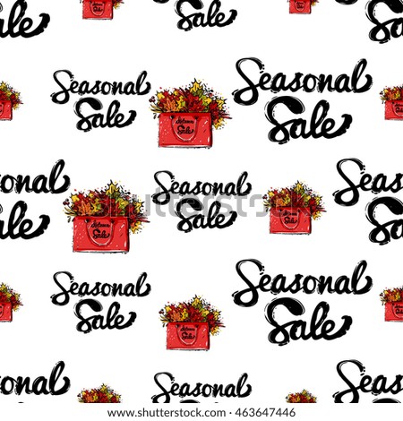 Vector seamless pattern with shopping bag and leaves bouquet and seasonal sale lettering. Background for decoration seasonal celebration, greeting card and banner. Hand drawn symbols on white backdrop