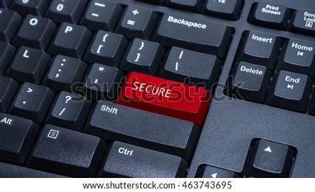 Close up on customized computer enter button on keyboard with a word secure.