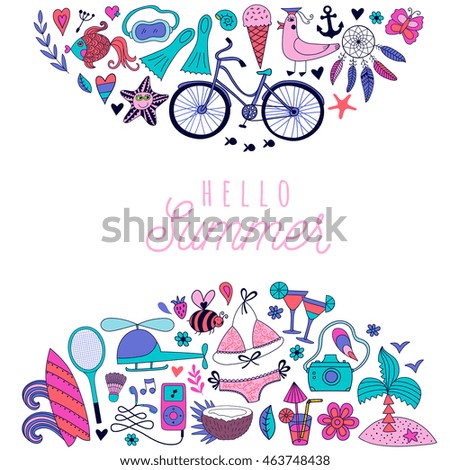 Summer doodles design, travel vacation illustration, ocean and beach concept.