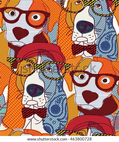 Dog seamless pattern patchwork. Color vector illustration. EPS8