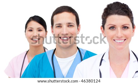 Portrait of medical team against a white background