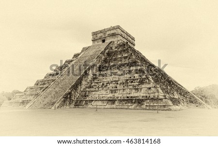 Feathered serpent pyramid in the ancient Inca city of Chichen Itza - Yucatan, Mexico (stylized retro)