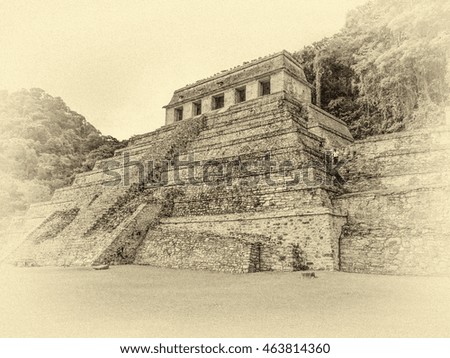 The large pyramid in the main square in the ancient city of Palenque - Mexico, Lstin America (stylized retro)