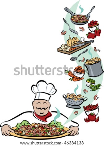 Illustration of a chef presenting a platter of shrimp, pasta and vegetables, with food and tools used for preparation. Space for text on left. Elements are grouped for easy editing.