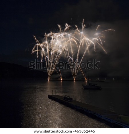 Ignis Brunensis silver and gold colored firework resembling aster flower reflecting on dam water surface. Long exposure night graphical photography using creative tilt effect by tilt-shift lens.