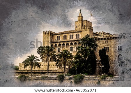 Almudaina palace with palm trees against blue sky and clouds, Palma de Mallorca, Balearic islands, Spain. Vintage painting, background illustration, beautiful picture, travel texture