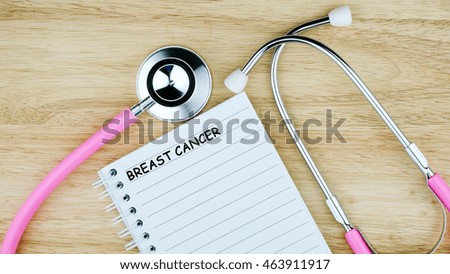 Medical concept. Top view of pink stethoscope and notebook on the wooden table with text.