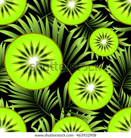 Seamless floral pattern with leaves of palm trees and tropical fresh ripe kiwi